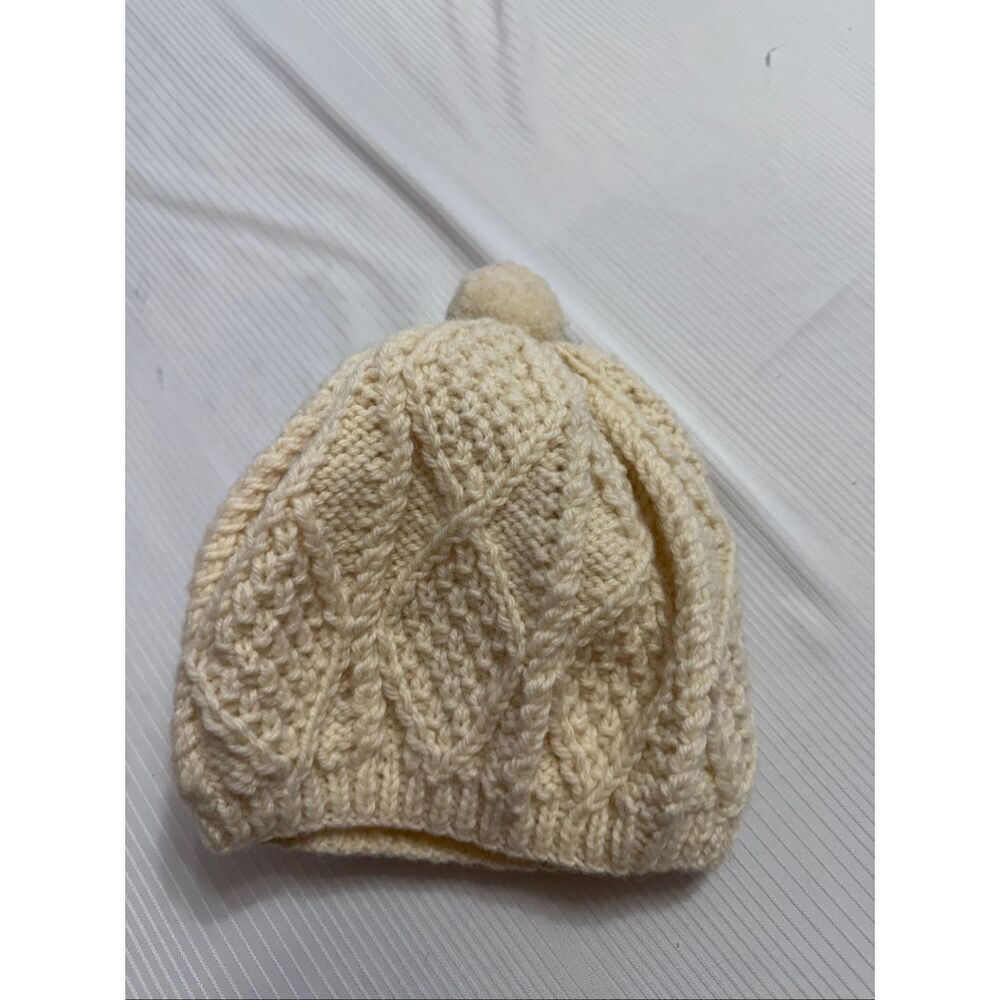Athena Designs Vintage Irish Handknit Cream Fisherman Wool Beanie Hat One Size